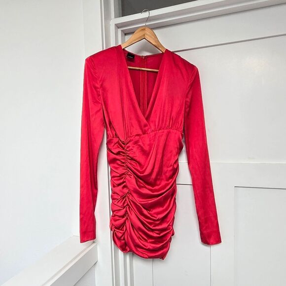 Pinko Zanzibar Satin Ruched Long Sleeve Party Cocktail Mini Dress in Red - Picture 7 of 14